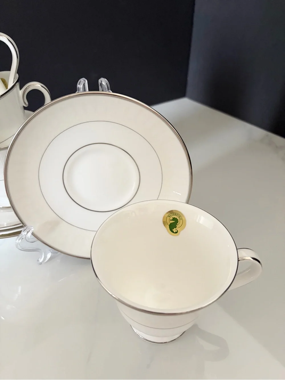 SET of 4 Lismore Platinum Cup & Saucers by Waterford